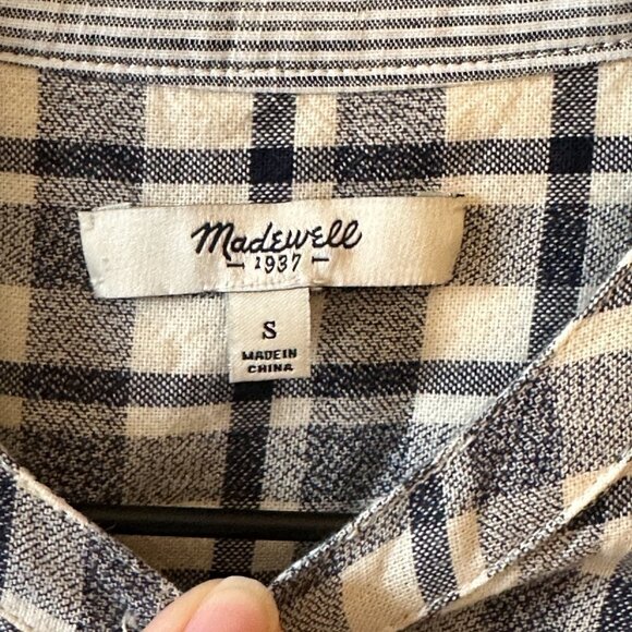 Women's S Madewell Dossier Plaid Collarless Button Down Blue Striped Trim - Picture 6 of 8